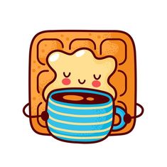 a cartoon character with a cup of coffee and some toast on the side, in front of