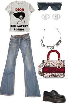 This outfit includes a dior short low rise bootcut jeans dior bag doc martens dior necklas dior eareing dior glasses and dior shirt Cute Chic Outfits, Low Rise Bootcut Jeans, Doc Martens, Bootcut Jeans, Jean Shirts, Dior Bag