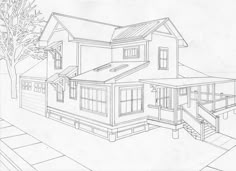 a drawing of a house with stairs leading up to it