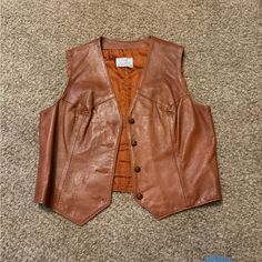 Vintage H Bar C California Ranchwear Women’s Western Leather Vest Cognac With Bronze Lining 80s Brown Leather Vest #80s Size 16 Brown Leather Vest, Brown Leather Sleeveless Vest, Fitted Western Leather Vest, Black Leather Vest Vintage, Vintage Brown Vest With Button Closure, Vintage Western Leather Vest, Brown Vest, Concept Album, Western Leather