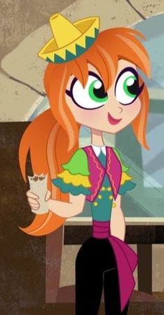 a cartoon girl with long red hair wearing a hat and holding a glass in her hand