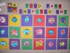 a bulletin board with many different pictures on it that say todd parr inspired art