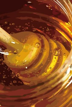 an abstract painting of yellow and brown swirls with water droplets on it's surface