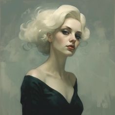 a painting of a woman with white hair wearing a black dress and looking off to the side