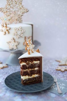 a slice of cake sitting on top of a blue plate