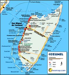 a map of the island of cozumel, mexico with all its roads and major cities