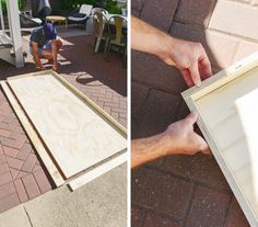 two pictures showing the process of making a door frame for a patio table and chair