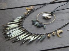 The Shapeshifter of Fairborn Mire. Porcupine Quill fringe, snake bone, genuine Bobcat claws, green Kyanite, Wolf Molar Boho Neck Art Duet Neck Art, Green Kyanite, Porcupine Quills, Talisman Jewelry, Bone Jewelry, Short Necklace, Lynx, Bead Caps