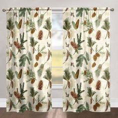 a window curtain with pine cones and birds on it