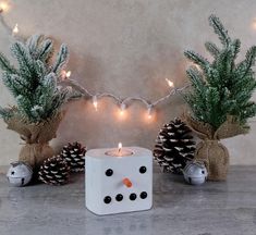 a snowman candle holder next to two pine cones with lights on the top and bottom