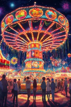 people standing around a carnival ride at night