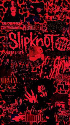 a poster with red and black graffiti on it's sides, including the word slipknot