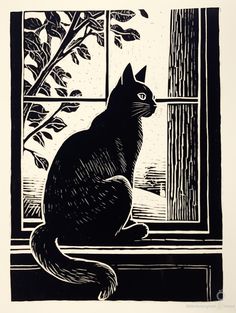 a black and white drawing of a cat sitting on a window sill looking out the window