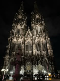 the large cathedral is lit up at night