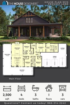 the house designer's floor plan is shown with measurements for each bedroom and bathroom