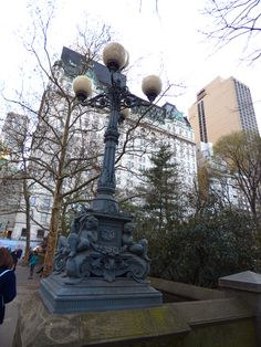 a lamp post in the middle of a park with trees and buildings in the background