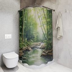 a bathroom with a shower curtain that has a painting of a river running through it