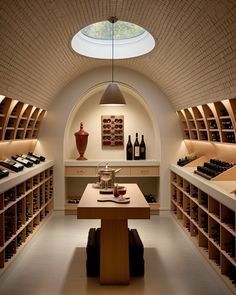 a wine cellar with lots of bottles on the shelves and a skylight above it