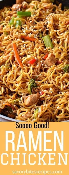 ramen chicken with broccoli and carrots in a skillet on an orange background