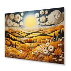 a painting on canvas of an autumn landscape with sun and clouds in the sky above