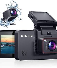 an image of a camera with water splashing around it and the screen showing kinglink's 4k action camcorder