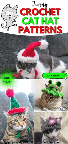 there are four pictures of cats wearing christmas hats and crochet hats on their heads