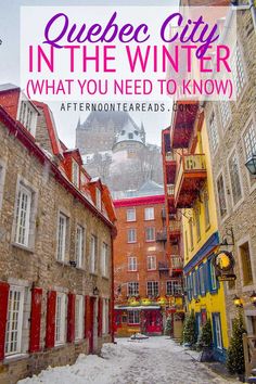 cobblestone street in old quebec with stone houses on either side and the fairmont chateau frontenac in the background. It's snowing and there's snow on the road and rooftops. Quebec City Canada Winter, Montreal Vacation, City In Winter, Canadian Road Trip