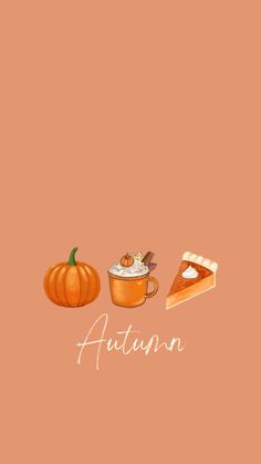 an orange background with some pumpkins and pie