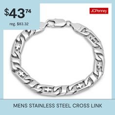 A modest statement of faith, a simple cross centers each link of our men's bracelet, creating fashion that deserves a deeper look.Closure: Lobster claspFeatures: Quick ShipShape: CrossMetal Color: WhiteChain Length: 8 1/2 InchChain Construction: LinkCare: Wipe CleanBracelet Type: Link BraceletsMetal: Stainless SteelCountry of Origin: Imported Simple Cross, Steel Cross, Men's Bracelet, Link Bracelets, Mens Bracelet, Color White, Stainless Steel, Bracelet, Color