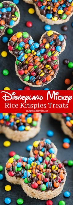 mickey mouse rice krispies treats on a table with the title overlay reading disneyland mickey rice krispies treats