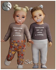 two children wearing matching sweaters and pants with pacifier in their mouths, one child is holding the other's hand