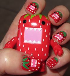 Cute Strawberry Domo-kun Nails Nail Polish Designs, Funky Nails, Swag Nails, How To Do Nails, Makeup Nails, Pretty Nails, Cute Nails