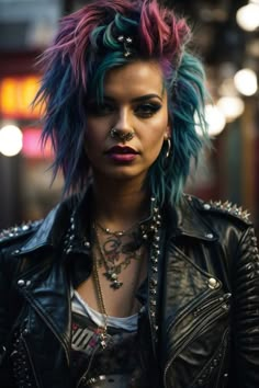 In the form of a very realistic image, zoom in on the details of a beautiful female punk rocker's punk-inspired fashion, showcasing her unique style through leather jackets, torn jeans, studs, and bold accessories. Pay attention to her hair, makeup, and piercings. Punk Hair Women Long, Choppy Punk Hair, 90s Rock Hairstyles, Spiky Long Hair, Rock Hairstyles Short, Rock Style Hair, Alternative Short Hair, 90s Punk Hair, 80s Punk Makeup