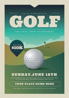 an advertisement for a golf tournament with a ball on the tee and green hills in the background