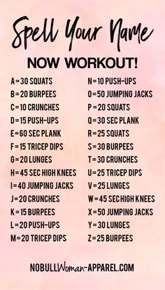 a pink poster with the words spell your name now workout