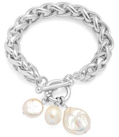 Braided link bracelet with multiple genuine pearl charms PRODUCT DETAILSMaterials: Pewter metal plated with 24 kt gold. Fresh water pearls.Measurements: 7.5"long; charm: 1" wideClosure: Toggle clasp Adjustable Gold-plated Bracelets With Pearl Charm, Luxury Baroque Pearl Bracelet With Pearl Charm, Adjustable 14k Gold-filled Pearl Bracelet, 14k Gold-filled Pearl Charm Bracelet, Elegant Gold-tone Charm Bracelet With Lobster Clasp, Pewter Metal, Gold Gift, 24kt Gold, Toggle Clasp