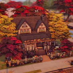 a painting of a house surrounded by trees and bushes with fall foliage on the ground