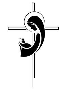 a black and white image of a person holding a baby in front of a cross