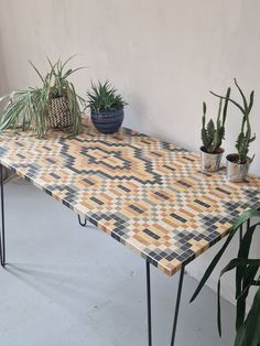 a table with plants on it in front of a wall and potted houseplants