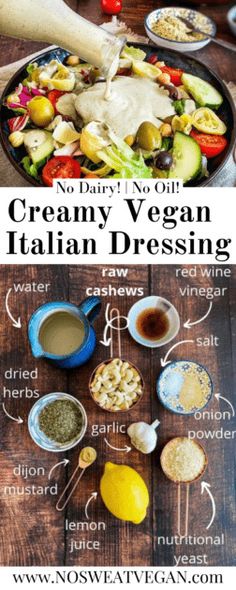 the ingredients for creamy vegan italian dressing on a wooden table with text overlay