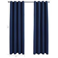 blue curtains hanging on a metal rod