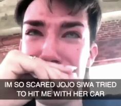 a man with his hand on his mouth and the words i'm so scared jojo swa tried to hit me with her car