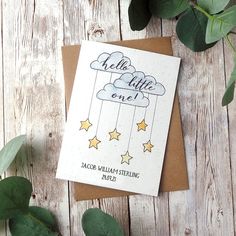 there is a card with the words hello little one on it and stars in the sky