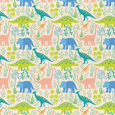 an image of dinosaurs and plants on a white background with blue, green, orange, and pink colors