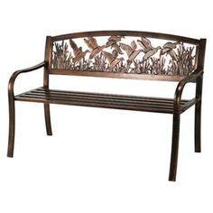 a metal bench with birds on it