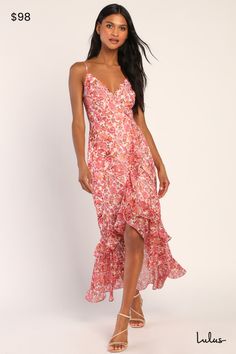 You'll have everyone under your spell when you wear the Lulus Always Enchanting Pink Floral Metallic Ruffled High-Low Dress! Lightweight chiffon fabric, with a bright floral print throughout, shapes adjustable spaghetti straps that support a bodice with a surplice neckline. High, fitted waist tops a faux-wrap skirt with ruffled trim that falls to a high-low midi hem. Hidden zipper/clasp at back. Fit: This garment fits true to size. Length: Ankle length. Size medium measures 48.5" from top to bot Under Your Spell, Curvy Hips, Ruffle Maxi Dress, Lulu Fashion, 2024 Style, Dress With Ruffles, Cocktail Attire, Surplice Neckline, Ruffled Maxi Dress