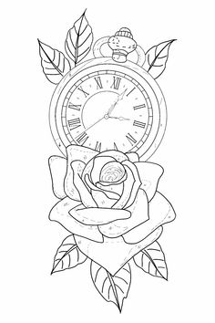 a drawing of a rose with a clock on it