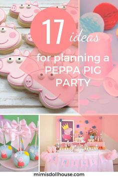 pink pig themed party with lots of decorations and food on the table, including cupcakes