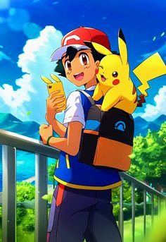 pokemon and pikachu are hugging each other in front of a fence with trees