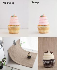 there are four pictures with different cupcakes on them